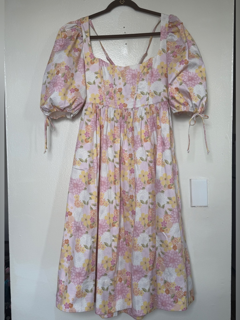For Love & Lemons Floral Midi Dress in Pink, Yellow, Cream